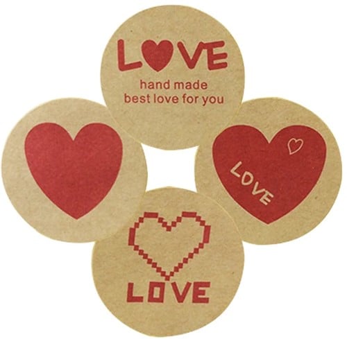 Stickers 10 Labels Kraft Love rood hart Etiket Sluitsticker