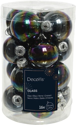 Kerstballen Glas Zwart Iris Shiny Glans 3.5 cm koker 16 stuks