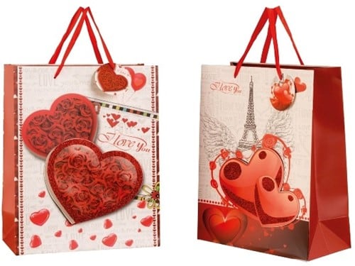 Geschenktasje Hearts met glitter + applicatie 2 assorti stuks
