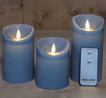 LEDkaars 3D Flame Candle Rustiek Denim Blue Anna's Collection met afstandsbediening 7,5x10/12,5/15 cm 3 stuks