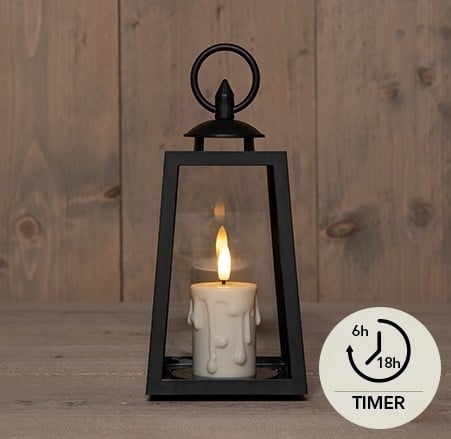 Lantaarn met Druipkaars LED 3D vlam op batterij met timer Zwart 10x10x20,5 cm