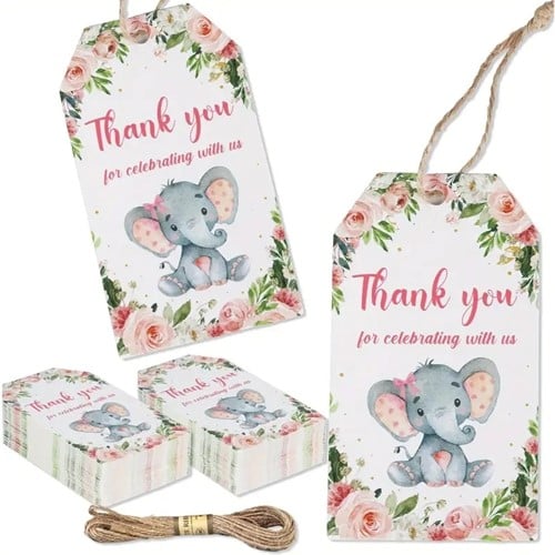 Bloemenkaartjes Thank you for celebrating Olifantje set 50st cadeaulabels met touwtje