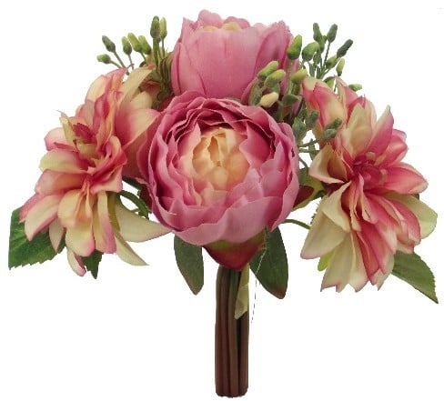 Handgebonden Zijden 30cm Pioen en Dahlia Vintage Pink Low Budget Boeket Rozen