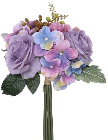 Budget boeket Handgebonden Zijden 28cm Roos, Hortensia, besjes en blad LILA/PINK/BLUE 