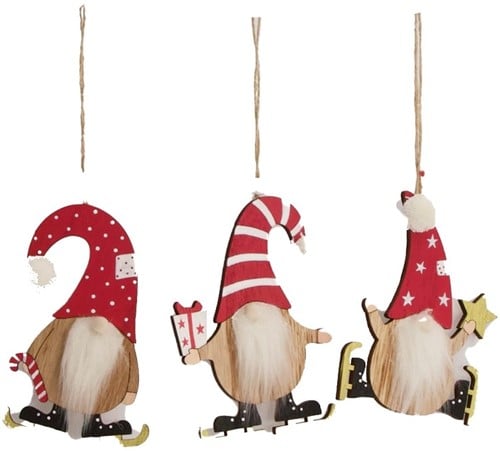 Hanger gnome wood Santa 13x8.5x0.5 cm set van 3 stuks
