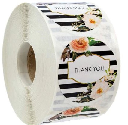 Sluitstickers Thank you zwart wit streep etiket 2,5 cm rol 500 labels