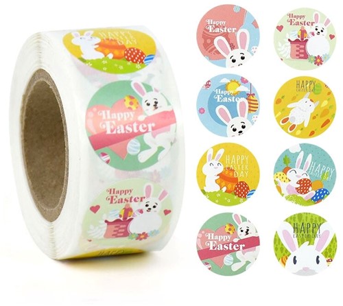 Sluitstickers Happy easter bunny pasen voorjaar rond etiket 2,5 cm rol 500 labels