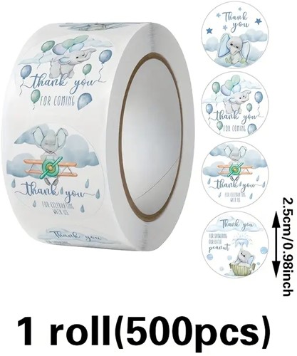Sluitstickers Baby blauw groen grijs olifantje rond etiket 2,5 cm rol 500 labels