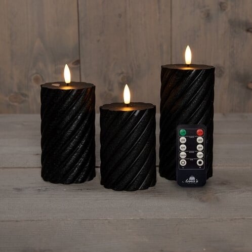 LEDkaars 3D Flame Wax Candle Swirl Zwart Anna's Collection met afstandsbediening 7,5x10/12,5/15 cm 3 stuks