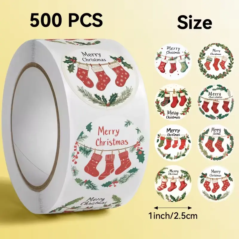 Sluitstickers Kerstetiketten Merry Christmas kerstsokken rond etiket 2,5 cm rol 500 labels