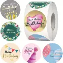 Sluitstickers Happy birthday rond etiket 2,5 cm rol 500 labels 