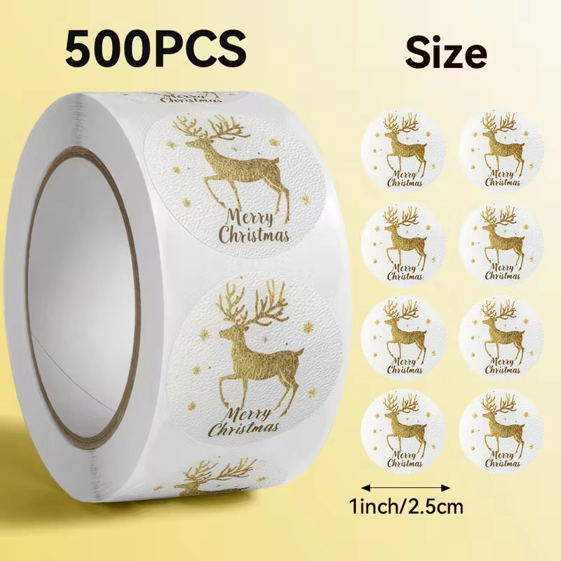 Sluitstickers kerstetiketten Merry Christmas Wit & Goud Rendier rond etiket 2,5 cm rol 500 labels  