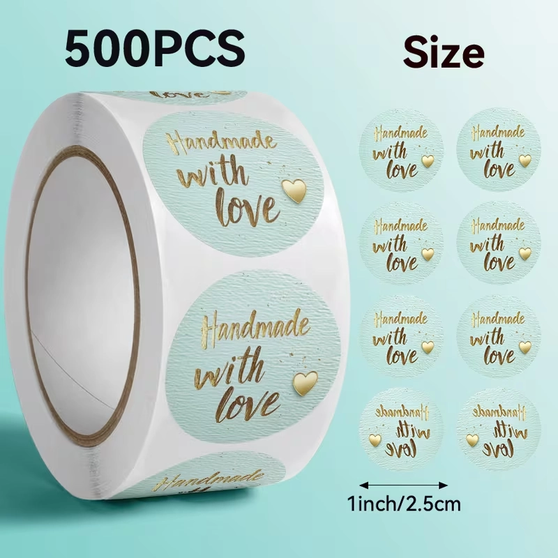 Sluitstickers Handmade with love Lichtblauw rond etiket 2,5 cm rol 500 labels 