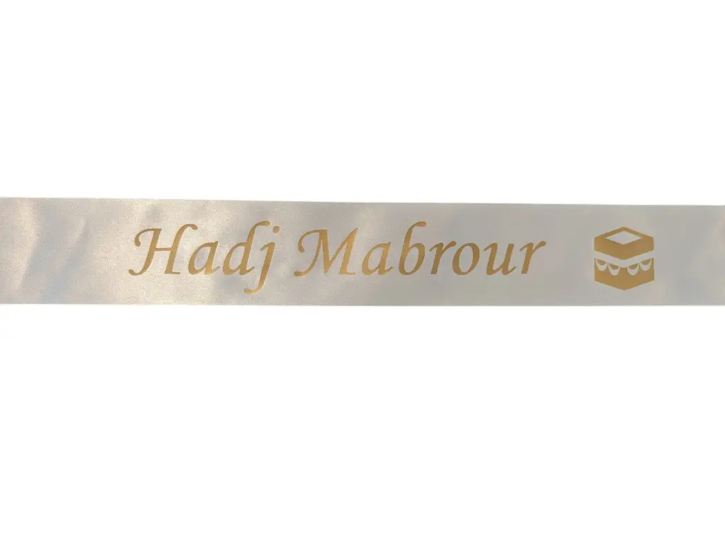 Hadj en Umrah Boeketlint met eigen Matgouden opdruk Ivory 45mm x 75 cm extra lang  