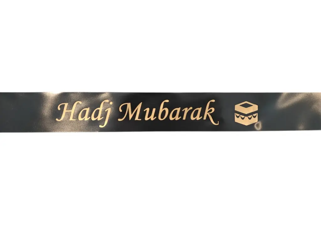 Hadj en Umrah Boeketlint met eigen Matgouden opdruk Zwart 45mm x 75 cm extra lang 