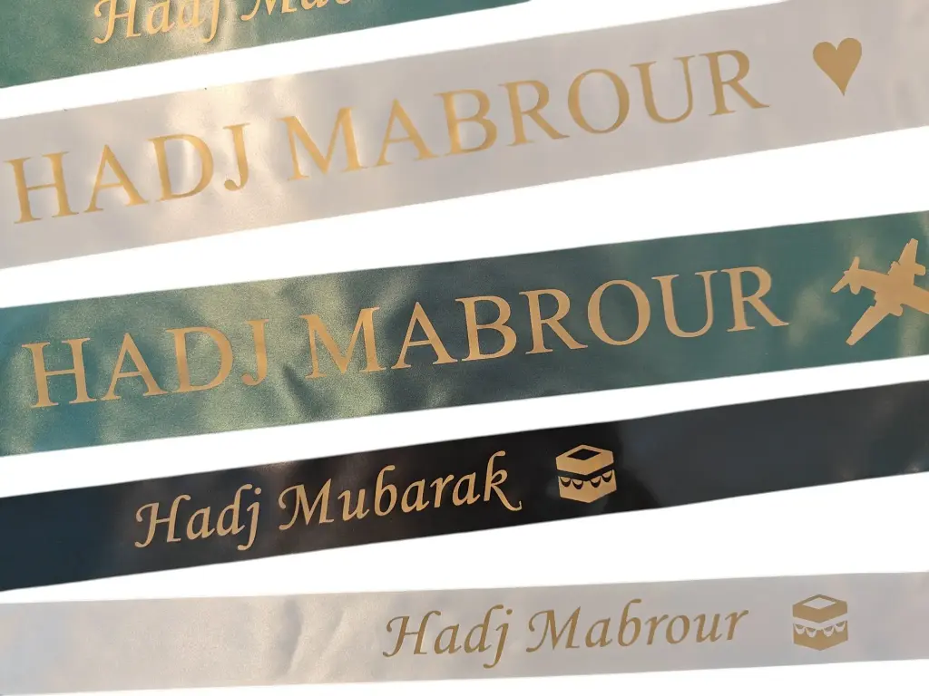 Hadj en Umrah Boeketlint Breed met eigen Matgouden opdruk Wit 70 mm x 80 cm