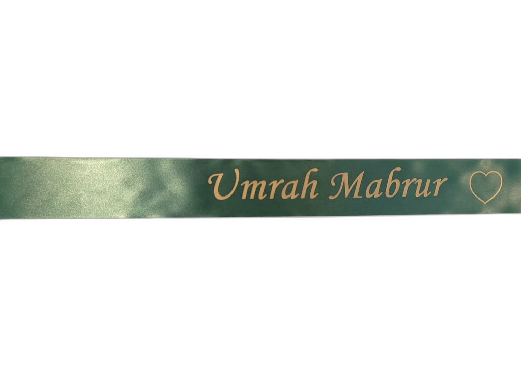 Hadj en Umrah Boeket hanglint met eigen Matgouden opdruk Donkergroen 45 mm x 50 cm 