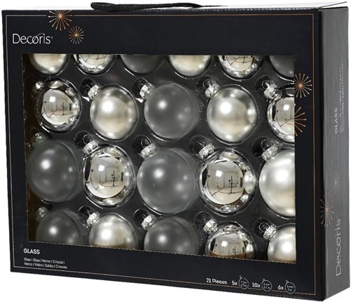 [A-027082] Kerstballen glas assortiment Zilver kleuren 7 cm doos 21 stuks