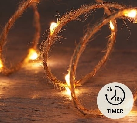 [A-027497] Ledstring Jute 2 meter 40 leds Classic timer 6/18h 2xAA