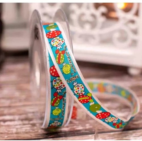 [A-027423] Lint met draad Blauwe Paaskuikens Oeuf Cocottes 15 mm x 20 m