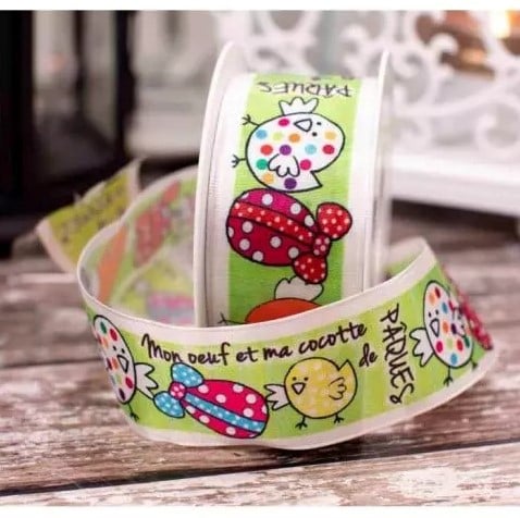 [A-027428] Lint met draad Groen Paaskuikens Oeuf Cocottes 40 mm x 20 m