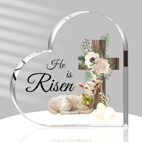 [A-025882] Hart van Epoxy met Kruis en Lam He is Risen 10*1 cm Pasen