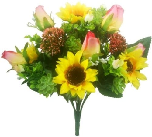 [A-027458] Zijden Boeket Zonnebloem Rosebud en Succulent Bush Pink/Yellow/Groen 38 cm