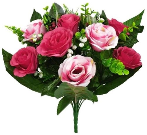 [A-027566] Zijden Boeket Roos Bush met bessen Pink/Wine 35 cm