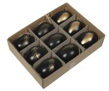 [A-027334] Kippeneieren Zwart met gouden veren opdruk 6 cm doos 9 stuks