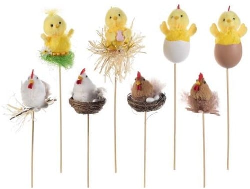 [A-023822] Paasfiguurtjes decoratieve kip en kuikens op steker mix 10 cm doos 16 stuks 
