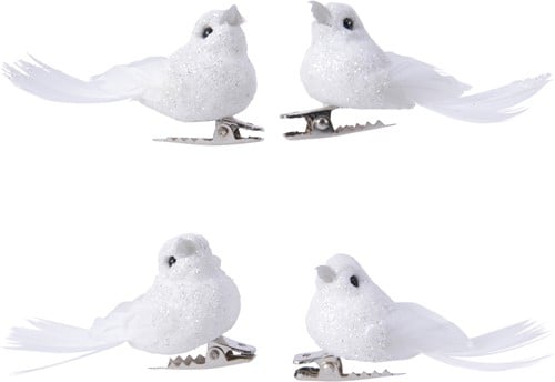 [A-027112] Witte vogeltjes op clip Wit glitter 4 stuks