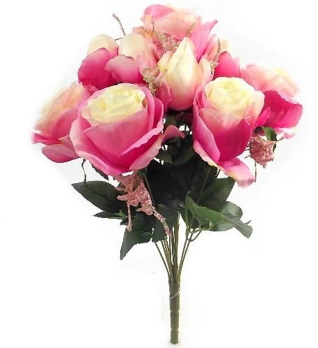 [A-013329] Zijden Rozen Pink Crème 12 knoppen Boeket 45 cm