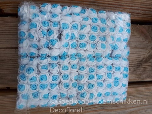[A-016332] Mini Foam Roos met Tule Wit Blauw Hart 2 cm Bulk Pak 144 stuks