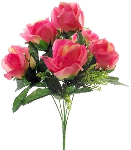 [A-024695] Zijden Rozen met Gips en Blad Cerise Boeketje 33 cm