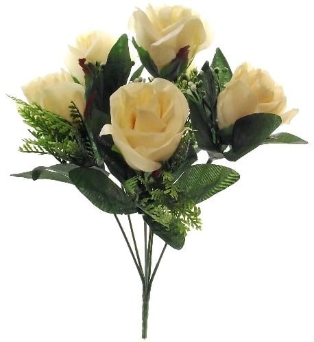 [A-024697] Zijden Rozen met Gips en Blad Ivory Champagne Boeketje 33 cm