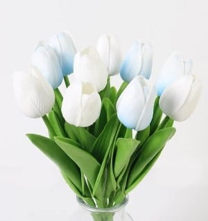 [A-025677] Tulpen Lichtblauw Wit Real Touch Foam 33 cm Bundel ca. 10 stuks