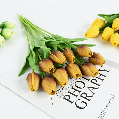 [A-025805] Tulpen Geel Bruin Real Touch Foam 33 cm Bundel ca. 10 stuks