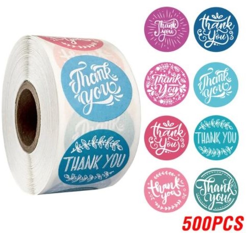 [A-022249] Sluitstickers Thank you Roze Blauw etiket rol 500 labels