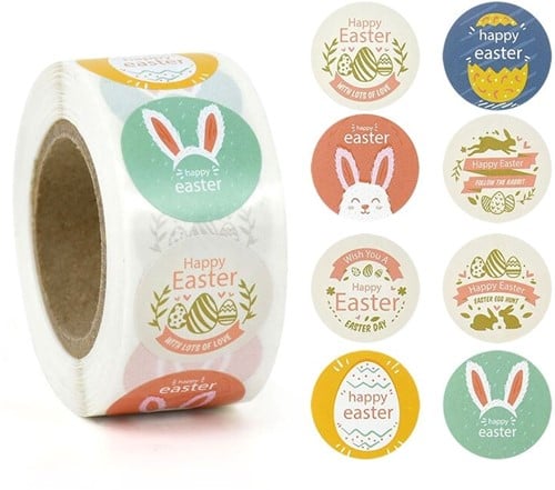 [A-022912] Sluitstickers Happy easter bunny pasen voorjaar rond etiket 2,5 cm rol 500 labels