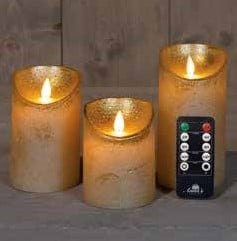 [A-025797] LEDkaars 3D Flame Wax Candle Rustiek Goud Anna's Collection met afstandsbediening 7,5x10/12,5/15 cm 3 stuks