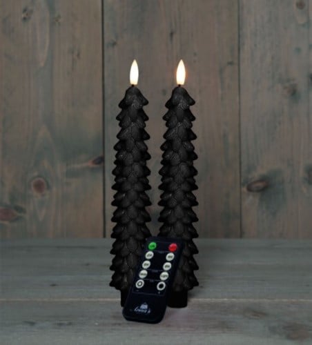 [A-027237] LEDkaars 3D Flame Candle Rustiek Zwart Kerstboom Anna's Collection met afstandsbediening D 2,5 H 23 cm 2 stuks