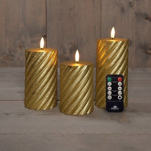 [A-027238] LEDkaars 3D Flame Wax Candle Swirl Goud Anna's Collection met afstandsbediening 7,5x10/12,5/15 cm 3 stuks