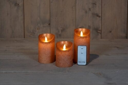 [A-027287] LEDkaars 3D Flame Wax Candle Rustiek Koper Anna's Collection met afstandsbediening 7,5x10/12,5/15 cm 3 stuks