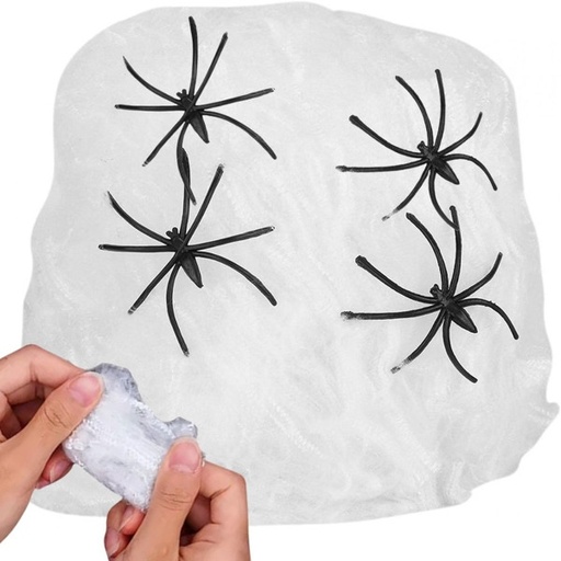 [A-027614] Spinnenweb Wit met 4 Spinnetjes Halloween Decoratie