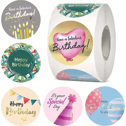 [A-027842] Sluitstickers Happy birthday rond etiket 2,5 cm rol 500 labels 