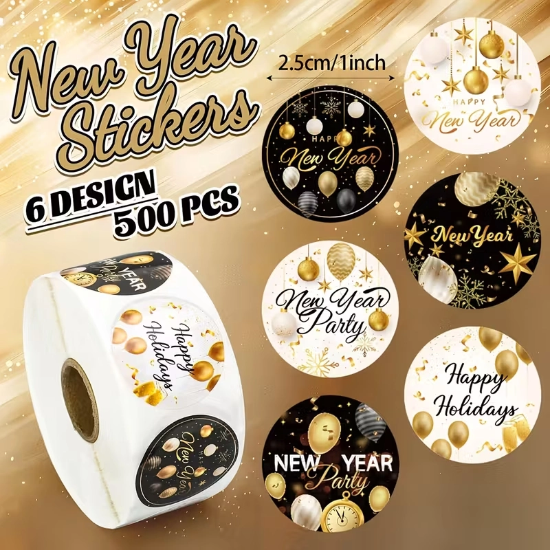 [A-027847] Sluitstickers etiketten Happy New Year Goud & Zwart rond etiket 2,5 cm rol 500 labels  