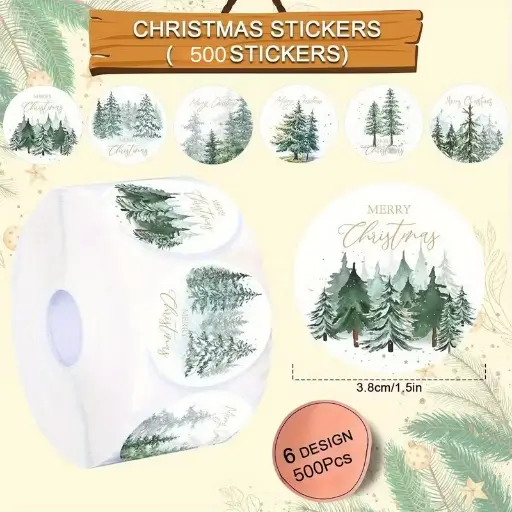 [A-027849] Sluitstickers grotere kerstetiketten Merry Christmas Bomen rond etiket 3.8 cm rol 500 labels  
