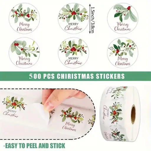 [A-027851] Sluitstickers grotere kerstetiketten Merry Christmas Hulst Botanical rond etiket 3.8 cm rol 500 labels 
