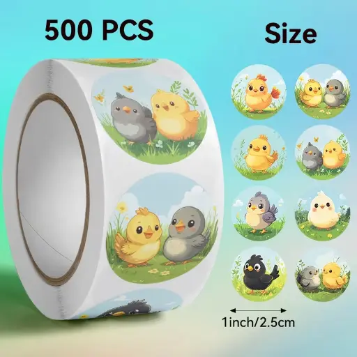 [A-027897] Sluitstickers Vrolijke Kuikentjes etiket 2,5 cm rol 500 labels 