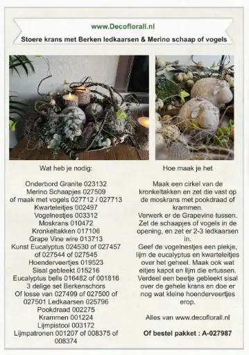 [A-027987] Stoere krans met Berken ledkaarsen & Merino schaap of vogels Stel zelf je pakket samen 